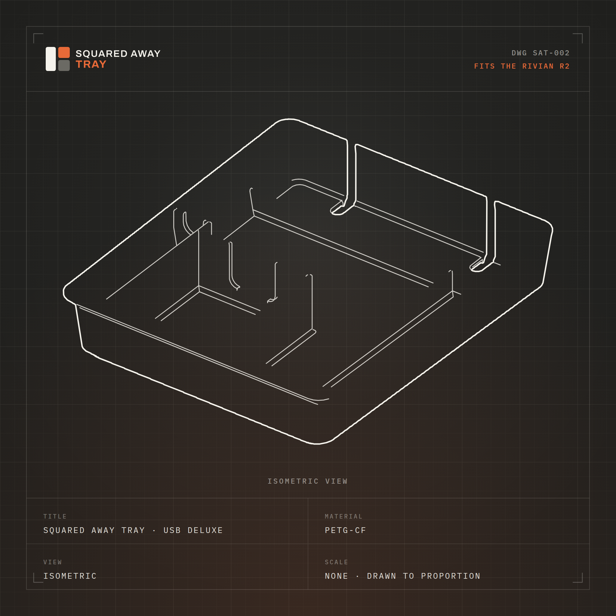 Isometric drawing of the Squared Away Fitted Tray: the same outer shell divided into shaped pockets, with a nested compartment and the same two cord pass-through slots