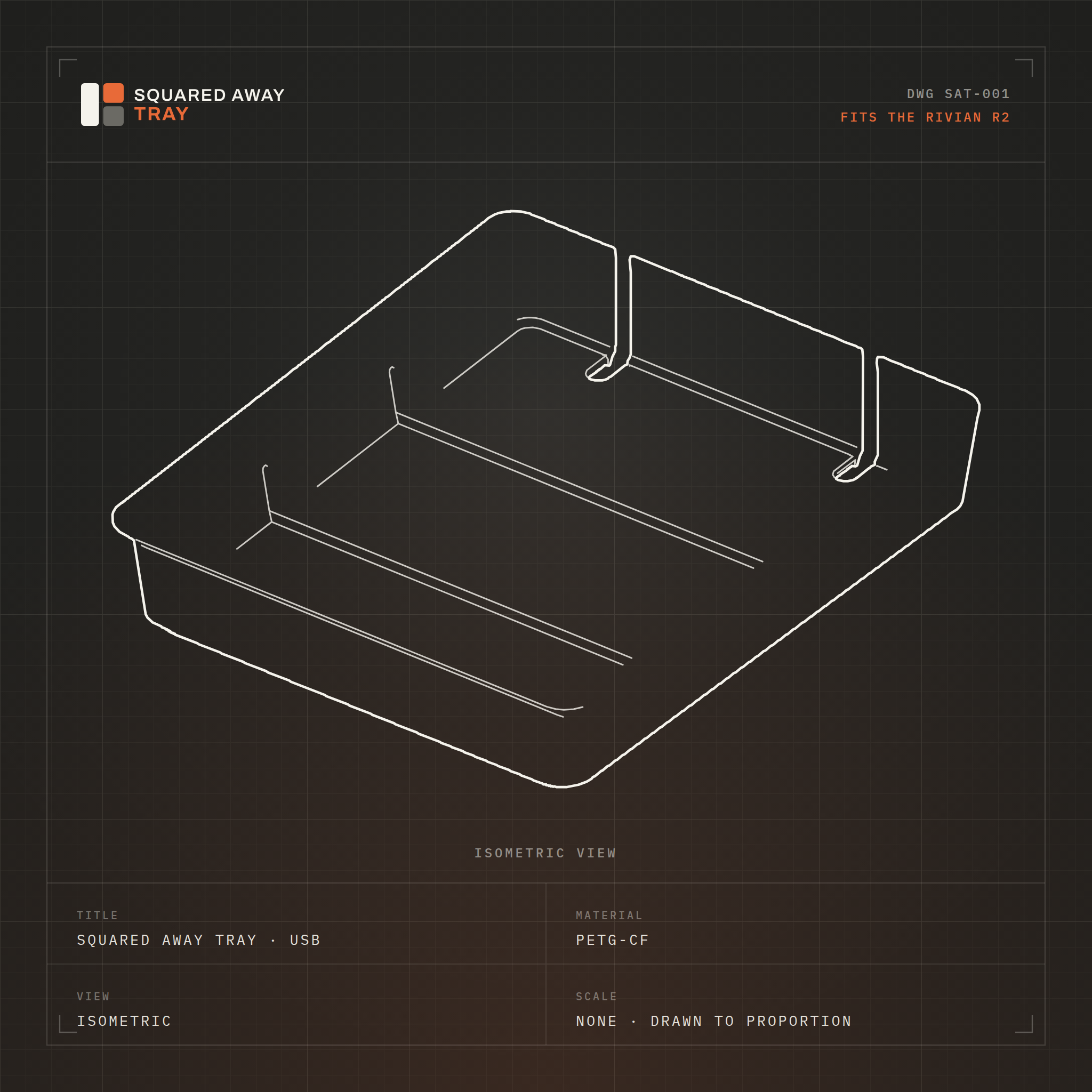 Isometric drawing of the Squared Away Tray · USB: three compartments divided by two full-width walls, with two cord pass-through slots cut into one wall